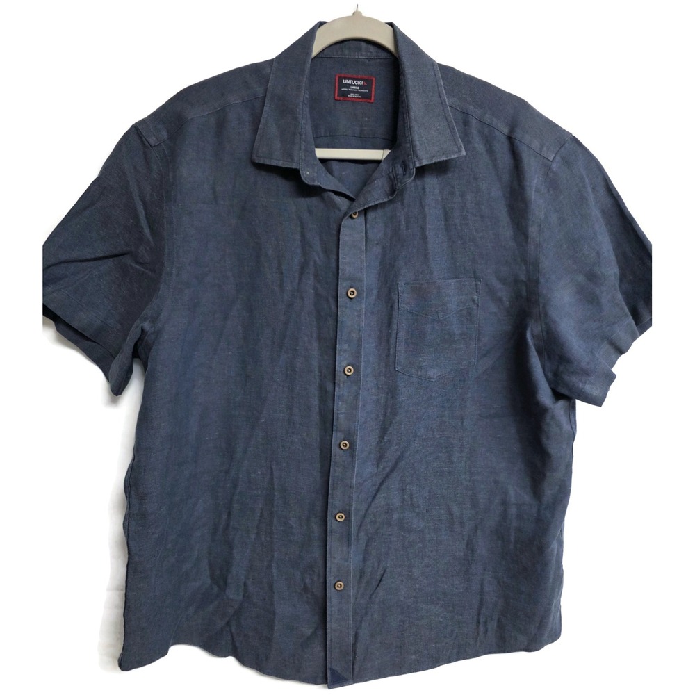 UNTUCKit Cameron Mens Navy Blue Linen Short Sleeve Button Up Shirt Large Resort